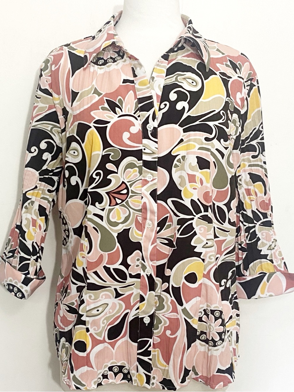 Apt. 9 Retro Floral Lightweight Button Up Shirt Blouse in Pink, Black & Rust 1X